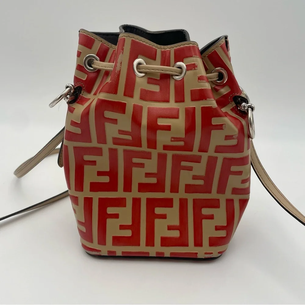 (SOLD) Fendi Monogram Embossed Beige/Red Leather Tresor Drawstring Bucket Bag - Picture 4 of 17